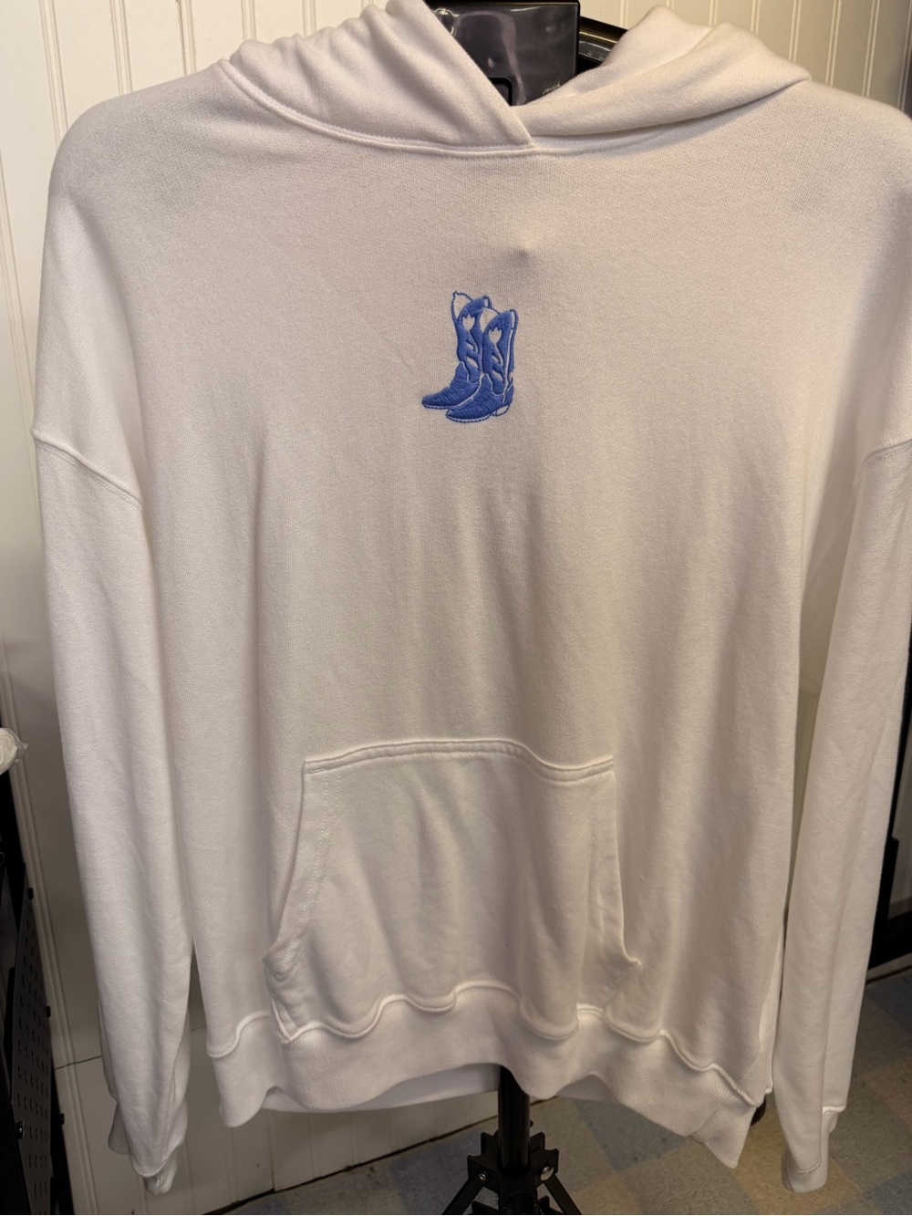 Hollister White Hoodie with Blue Cowboy Boot Embroidery